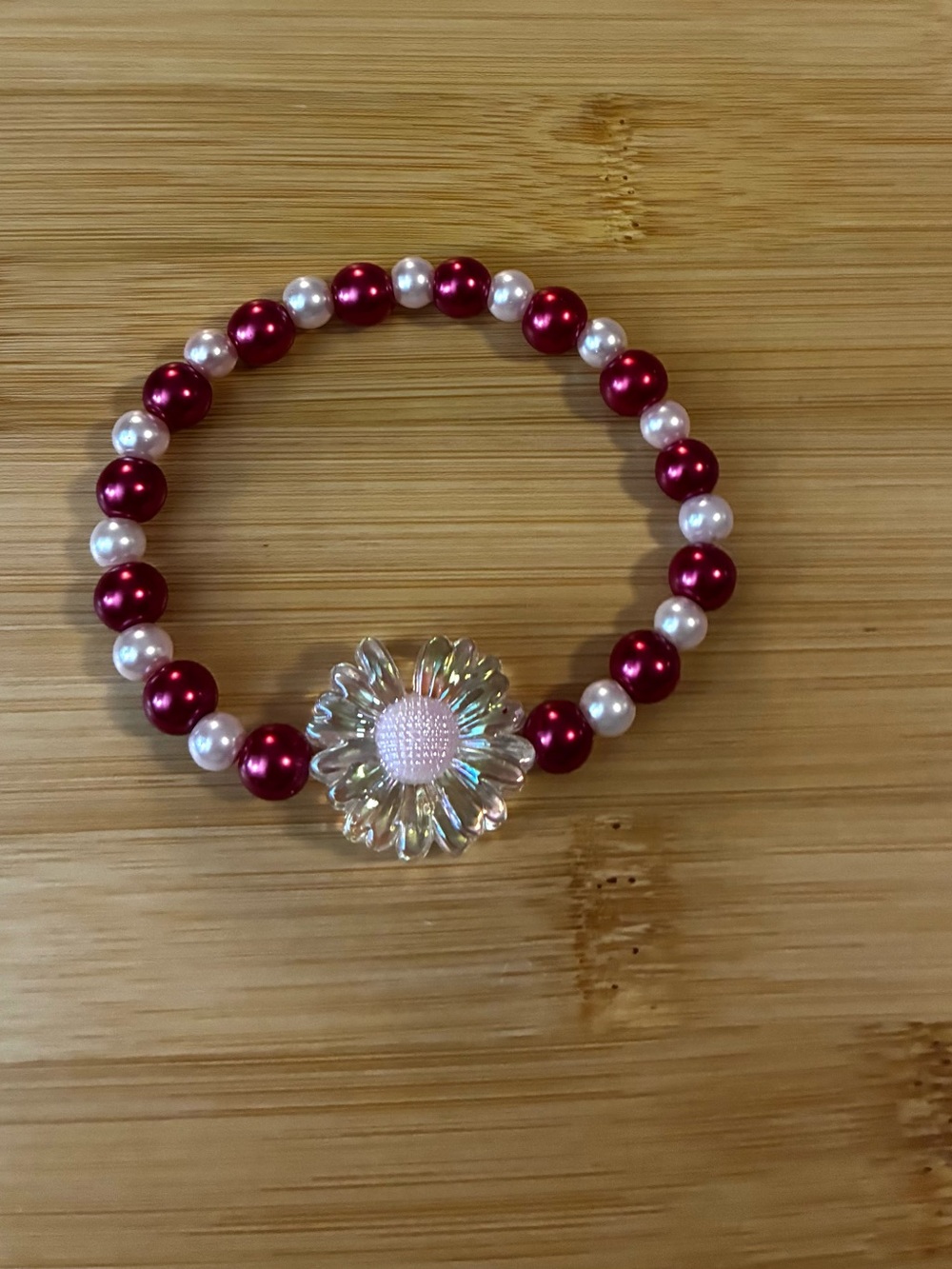 Pink & Red Pearl Beaded Bracelet with Iridescent Flower Accent